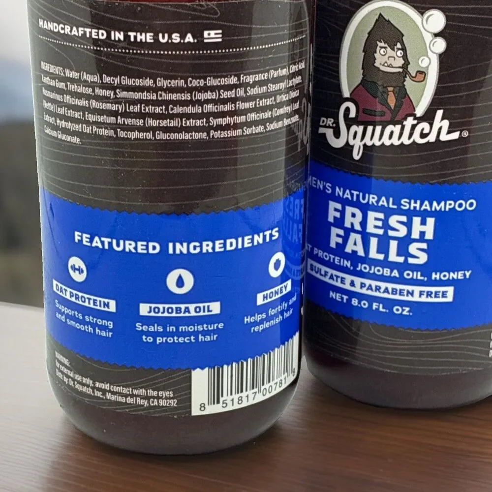 2 Bottles Dr Squatch FRESH FALLS Mens Natural Shampoo Oat Protein Jojoba & Honey